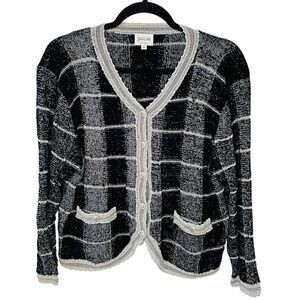 𝅺VINTAGE Black & White Plaid Silver Sparkle Cardigan Sweater SZ Small